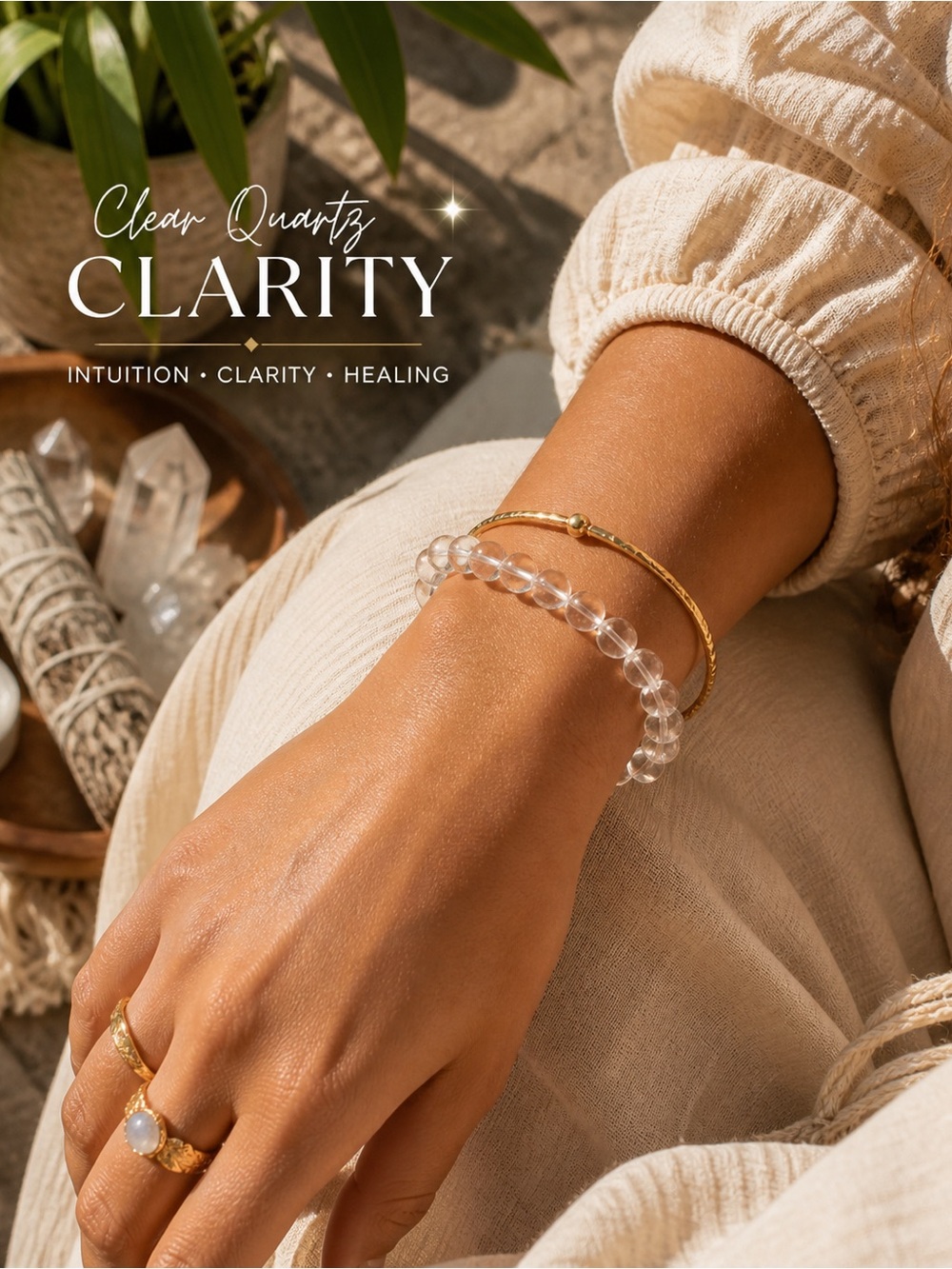 Clear Quartz Beaded Bracelet Healing Crystal Stretch Clarity Intuition Energy
